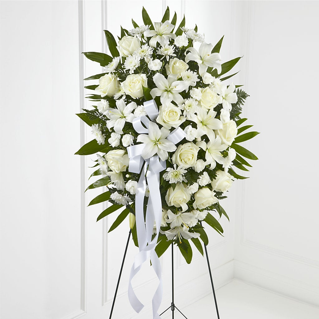 Exquisite Tribute Standing Spray-White Ribbon – Your Beautiful Flowers, Scranton PA