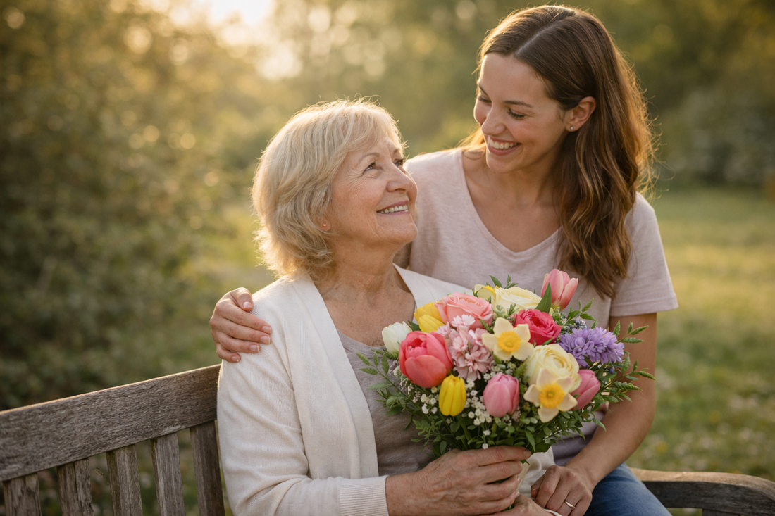 Mother and daughter sitting together with a colorful spring bouquet for Mother’s Day.